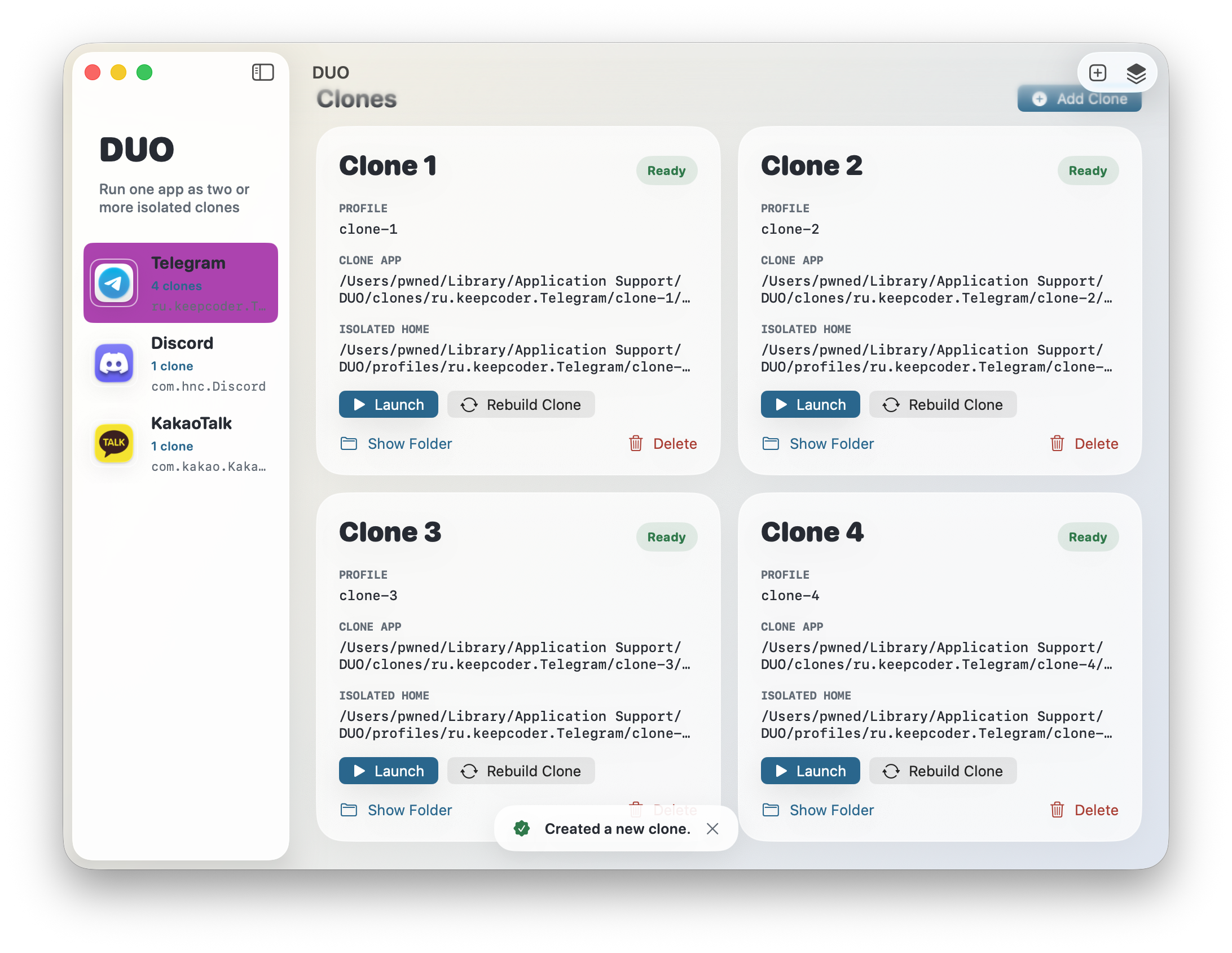 DUO screen showing four Telegram clones