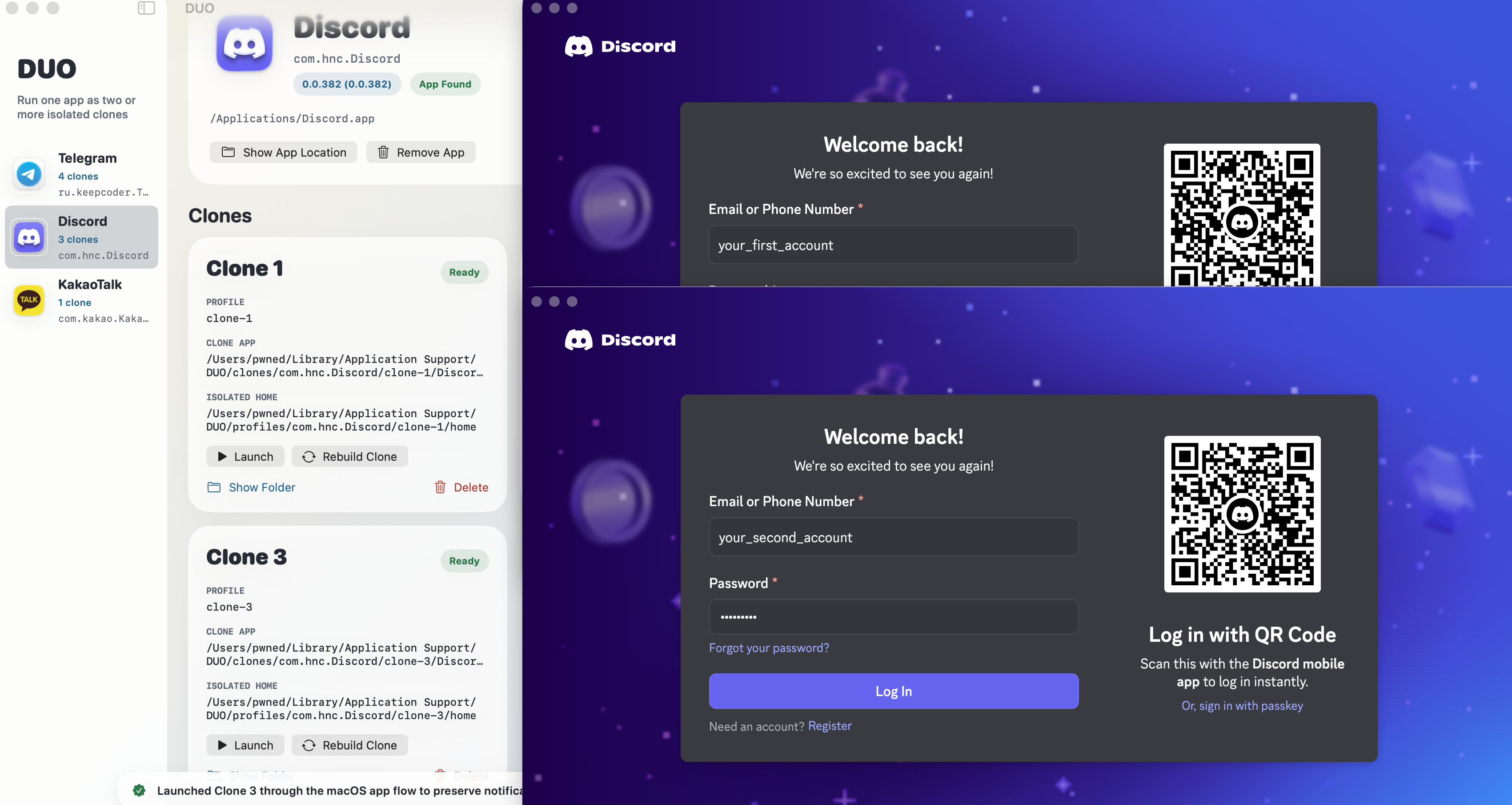 DUO overview screen showing app list and clone details